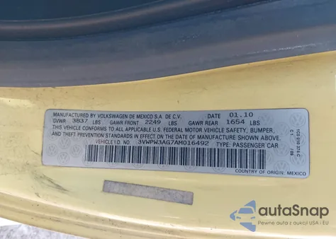 2010 Volkswagen New Beetle 2.5L Final Edition из США, поврежденный, VIN 3VWPW3AG7AM016492